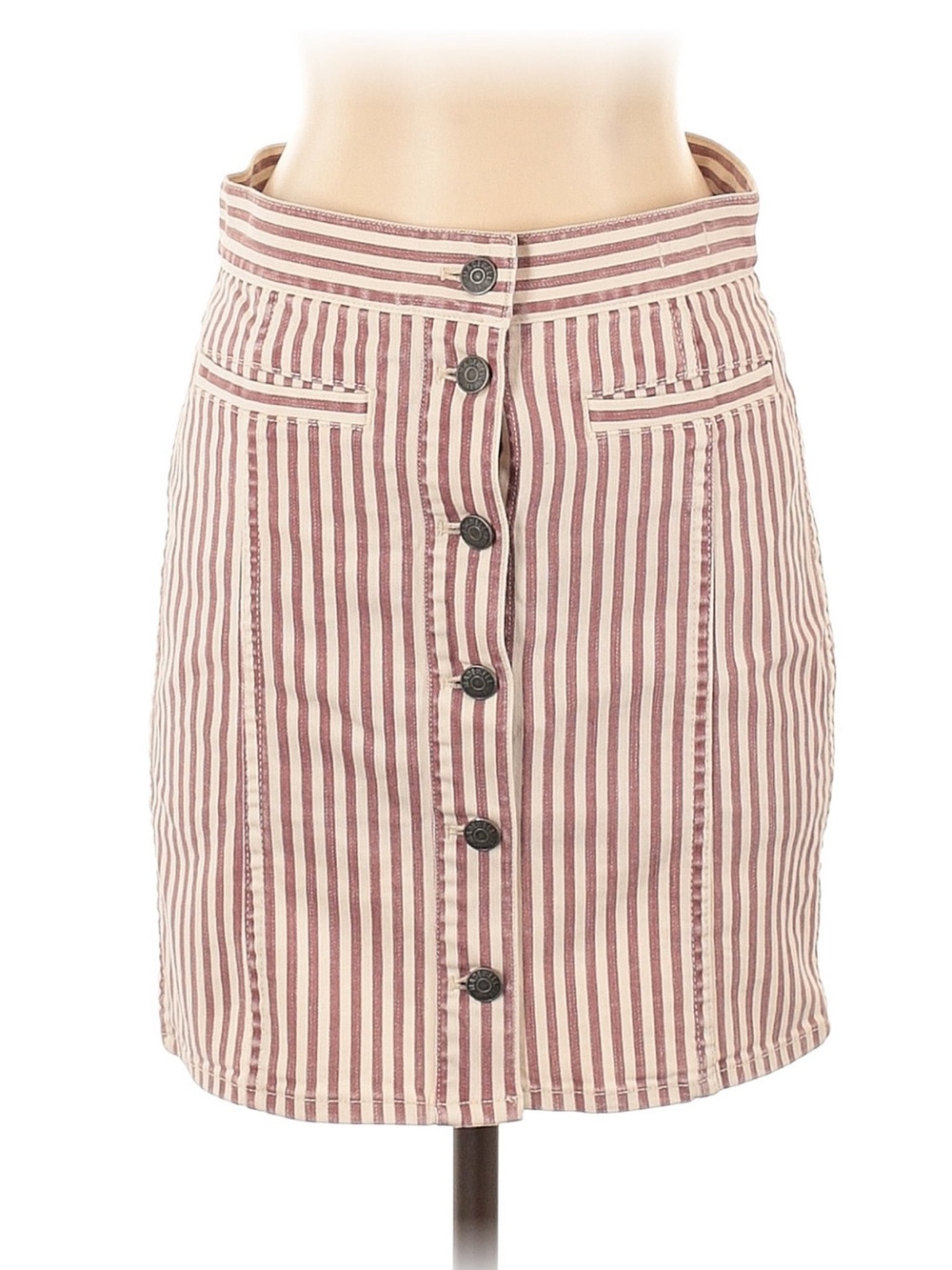 Madewell Vertical Stripe Button-Front Mini Skirt in Burgundy and Cream